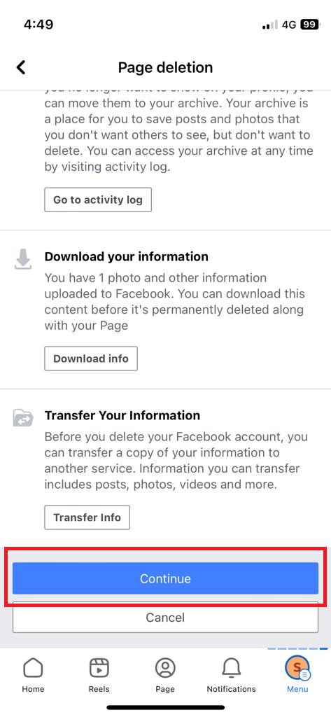 Facebook Page deleteion and data transfer