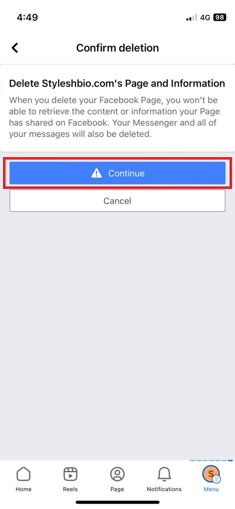 Facebook Page delete warning