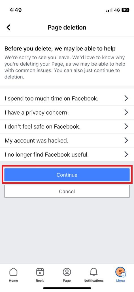 choose reason for facebook page deletion